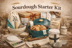 Superbaking sourdough kit contents spread out on a kitchen counter including rattan basket and whisk