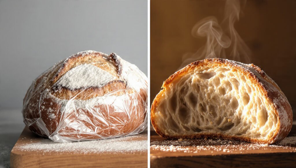 Comparison of frozen wrapped sourdough bread versus a freshly revived steaming slice with melting butter
