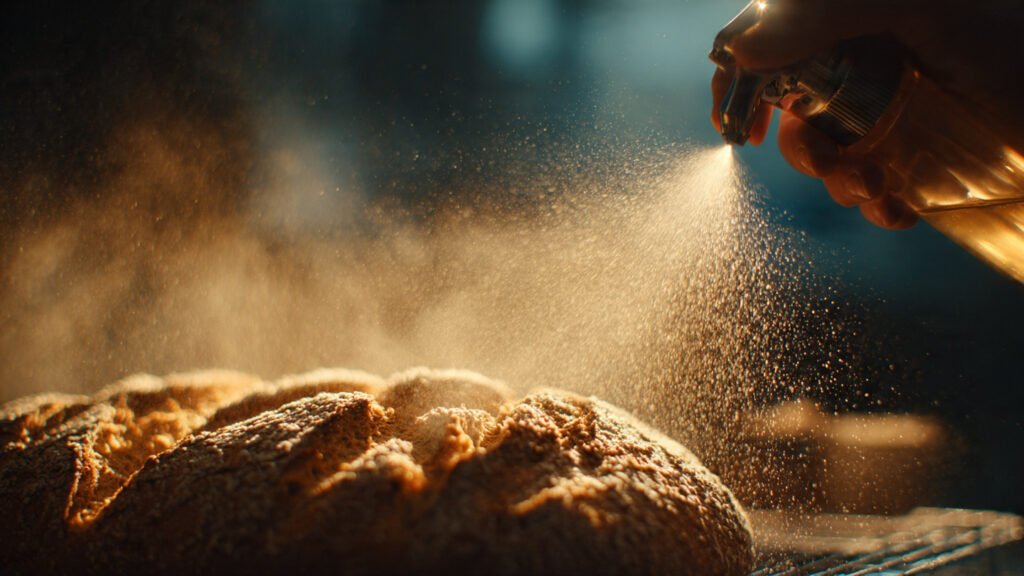 spraying water on sourdough loaf