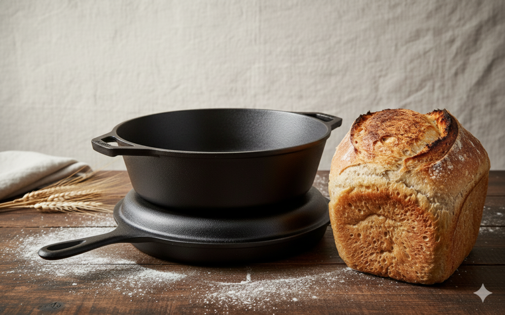 Lodge 3.2 Qt Cast Iron Combo Cooker separated into a shallow skillet and deep pot