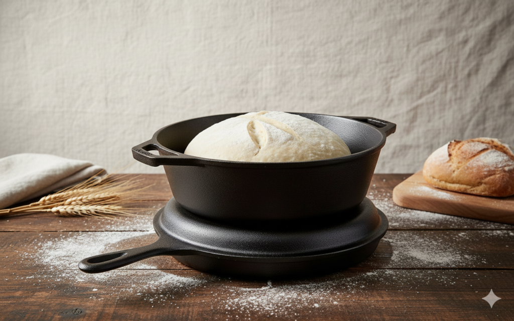 Raw sourdough scored on the shallow lid of a Lodge cast iron cooker to avoid burning hands