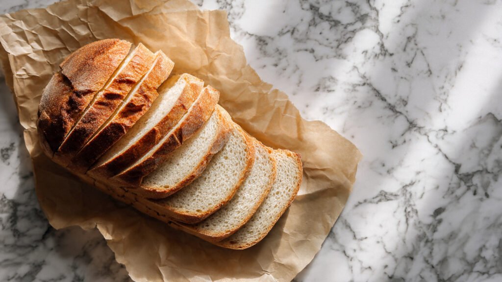 Sourdough bread slices separated by parchment paper for freezing to prevent sticking and maintain freshness
