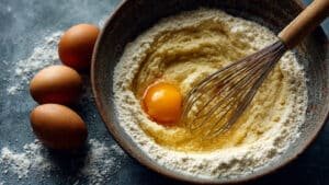 Whisking sourdough discard, egg, sugar, and salt in a white ceramic bowl to create a smooth base for fluffy pancakes