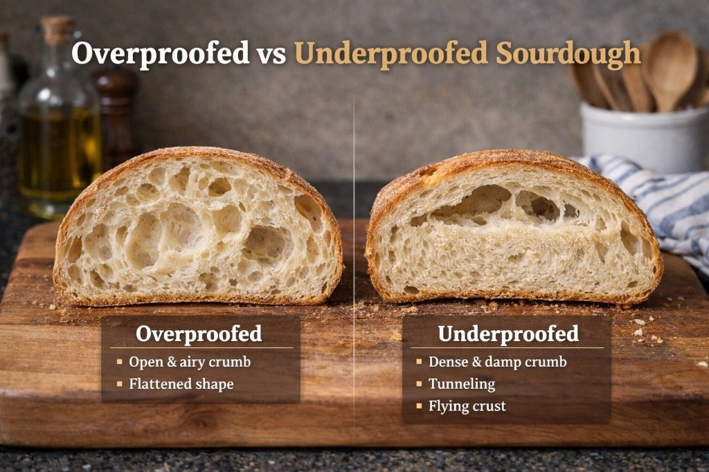 Sourdough crumb comparison chart: Left shows overproofed loaf with flattened shape, Right shows underproofed loaf with large tunneling holes and flying crust