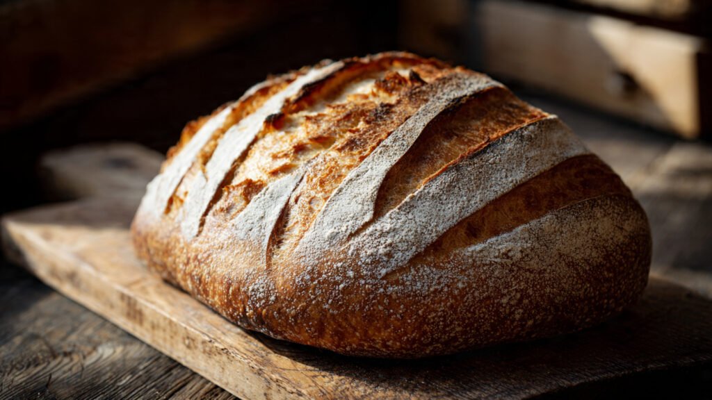Storing sourdough bread cut side down on a wooden board.