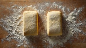 two equal halves of a dough shaped into rectangles