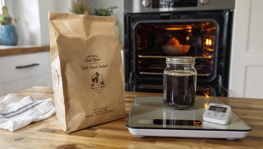 A kitchen setup for fast-tracking fermentation, showing organic dark rye flour and a sourdough starter jar kept warm inside an oven with a thermometer reading 80°F (27°C).