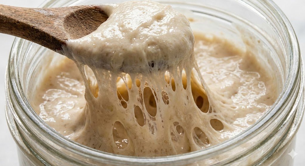 A macro photograph demonstrating strong gluten structure in a ready-to-bake sourdough starter, showing stretchy, web-like strands being pulled by a spoon.