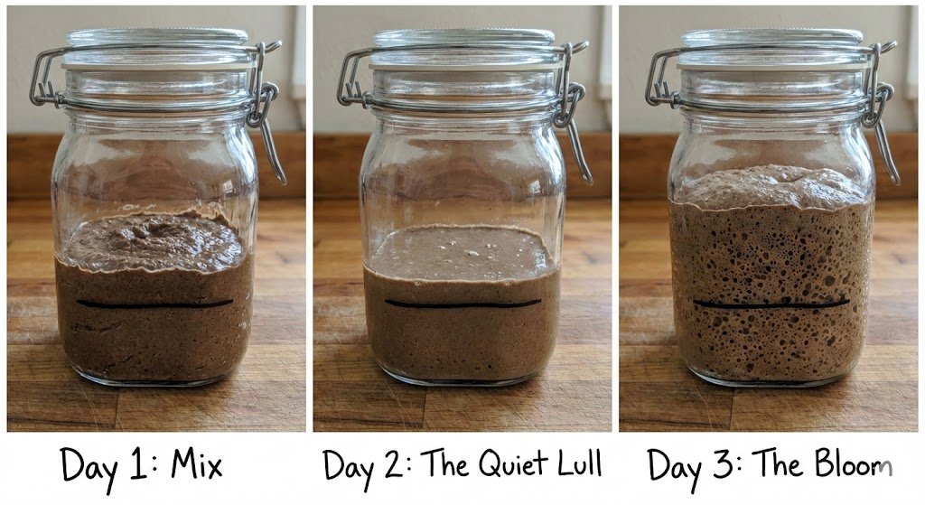 A three-panel comparison showing the 3-day progression of a fast sourdough starter: the initial Day 1 mix, the flat Day 2 bacterial lull, and the active bubbly rise on Day 3.