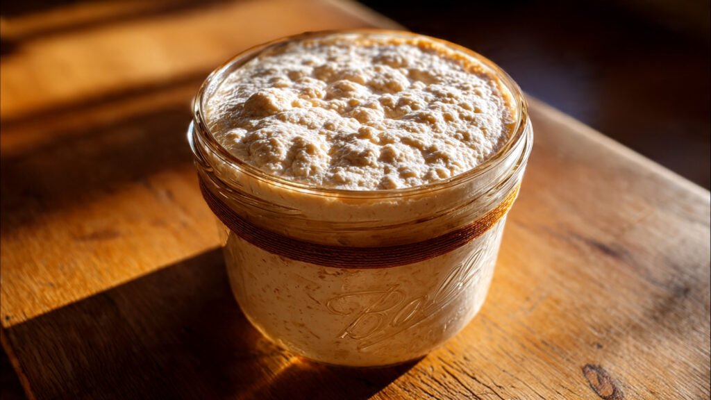 A close-up view of an active, bubbly 72 hour sourdough starter that has doubled in size in a Weck jar, showing a strong domed surface ready for baking.