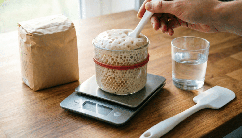 A side-view of a glass Mason jar on a wooden countertop. The sourdough starter has clearly doubled in volume, reaching high above a red rubber band placed around the middle of the jar. The starter is filled with large, airy bubbles and has a slightly domed top. Beautiful "honeycomb" texture visible through the glass.