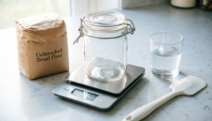 Essential equipment for feeding a sourdough starter including a digital scale, glass jar, and unbleached flour.