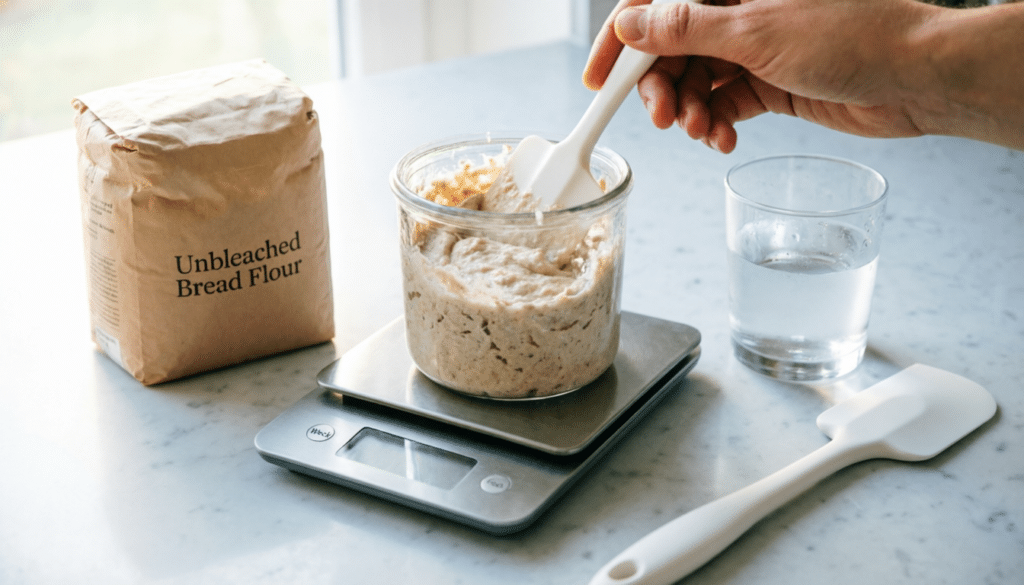 Feeding a sourdough starter by mixing equal parts flour and water into a thick, paste-like consistency.