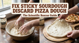 Split image showing a baker's hands covered in wet, sticky sourdough discard dough versus hands stretching a smooth, repaired pizza dough on a wooden peel.