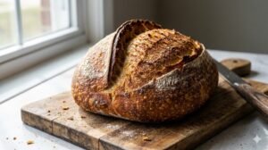 Golden brown artisan sourdough bread loaf with a blistered crust and a crisp ear on a rustic wooden board.