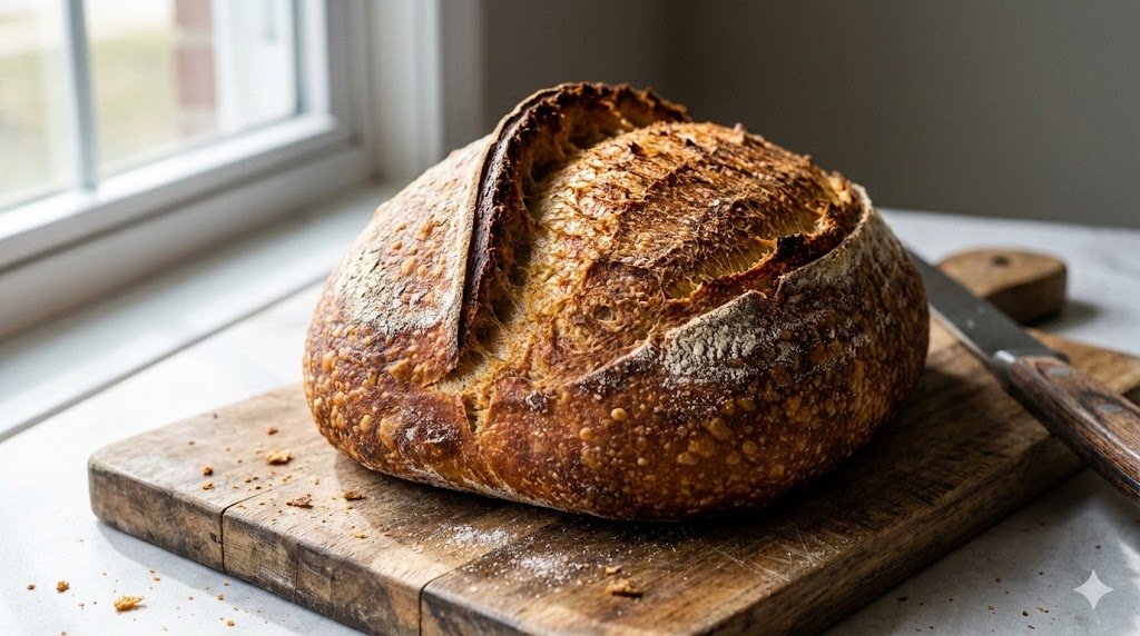 Golden brown artisan sourdough bread loaf with a blistered crust and a crisp ear on a rustic wooden board.