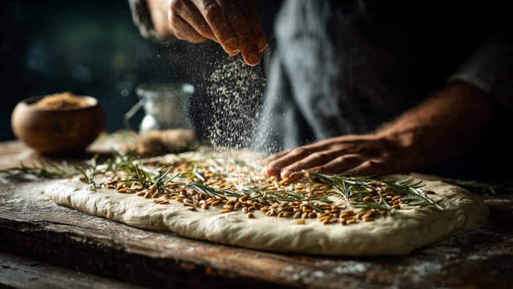 A baker is scattering fresh rosemary and toasted pumpkin seeds evenly across the surface of the dough.