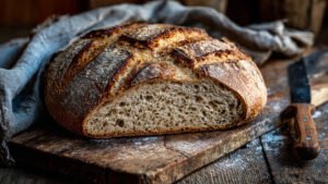 Whole grain sourdough bread cut open showing open crumb structure compared to commercial whole wheat for constipation relief