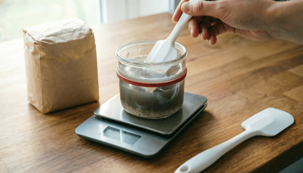 Sourdough starter with a layer of dark liquid called hooch on top, indicating the yeast is hungry and needs feeding.
