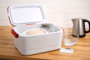 DIY proofing box using cooler and hot water for sourdough fermentation