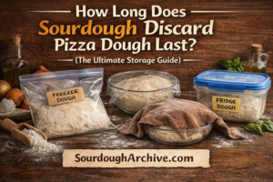 Glass storage container holding sourdough discard pizza dough in the refrigerator showing signs of fermentation bubbles and a date label.