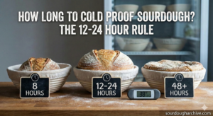 Comparison of sourdough cold proofing times showing three bannetons at 8 hours, 12-24 hours, and 48+ hours with a digital thermometer reading 38°F