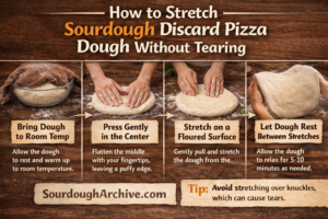 **Image Alt Tag:** Close-up of baker's hands gently stretching sourdough discard pizza dough using the gravity method, holding it up to the light to show the translucent windowpane effect without tearing.