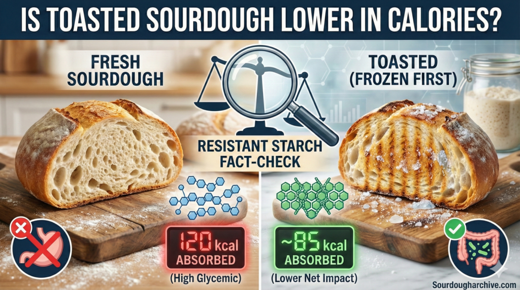 Infographic comparing calories absorbed in fresh sourdough versus toasted sourdough bread using the freeze-thaw resistant starch method.