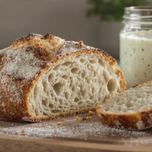 sourdough loaf on a wooden cutting board. The loaf has a beautiful golden-brown 'ear' and a light dusting of white flour. It is sliced open to reveal a perfect, airy open crumb structure. In the background, a blurred glass jar of bubbly, active sourdough starter. details of the crust texture.