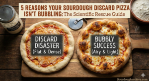 Side-by-side comparison showing a flat, dense sourdough discard pizza crust versus an airy, bubbly sourdough cornicione with leopard spotting.