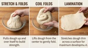 A baker is scattering fresh rosemary and toasted pumpkin seeds evenly across the surface of the dough.