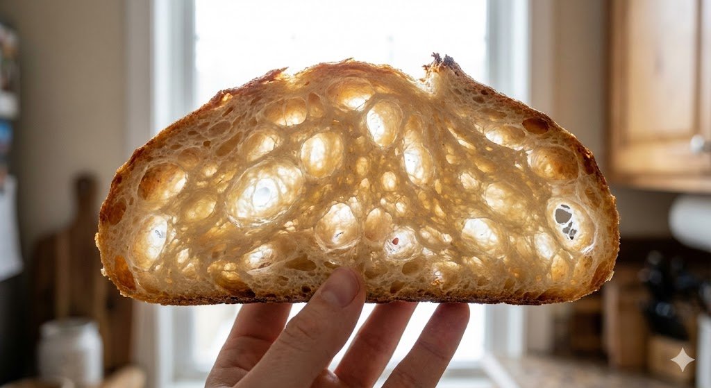 Perfect open crumb sourdough slice with lacy, even alveoli and thin cell walls held up to the light.