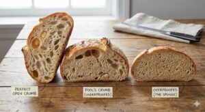 Comparison of three sourdough slices: one with perfect open crumb, one with dense fool's crumb, and one overproofed, labeled on a wooden table.