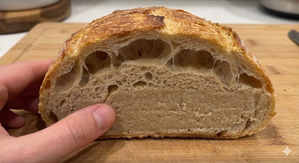Sourdough slice showing fool's crumb: large tunnels near the top crust and dense, gummy dough at the bottom.