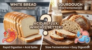 Sourdough vs white bread for acid reflux comparison showing rapid digestion of commercial yeast versus slow fermentation of wild sourdough