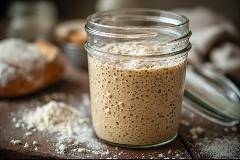 A highly detailed close-up of an active sourdough starter in a clear glass jar, showing bubbles throughout the mixture, with visible rise marks on the jar,