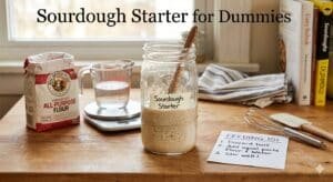 A wide-mouth glass mason jar filled with bubbly, active sourdough starter showing visible air bubbles throughout, sitting on a clean white kitchen counter, natural daylight, food photography style, shot from slightly above