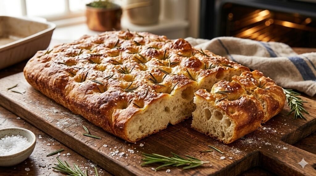 Focaccia bread with rosemary and sea salt fresh from the oven, made from overproofed sourdough dough