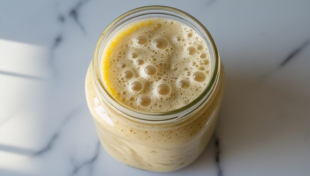 Close-up of a glass jar with sourdough starter and a rubber band marking the rise level, with visible residue above the band showing the starter doubled in size, rustic wooden surface, soft natural light, food photography