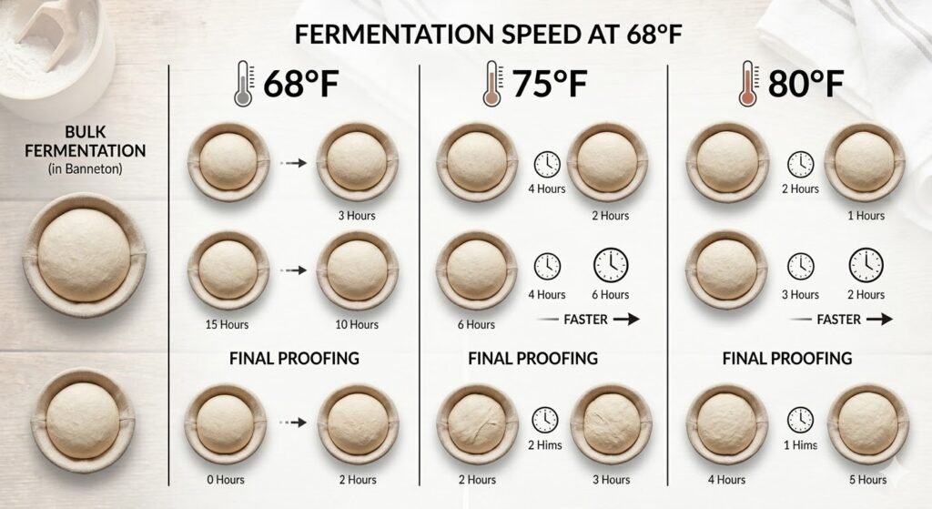 Simple chart showing fermentation speed at 68°F, 75°F, and 80°F—visual representation showing bulk fermentation and final proofing durations side by side at each temperature