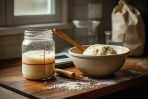 starter jar next to a mixing bowl with dough