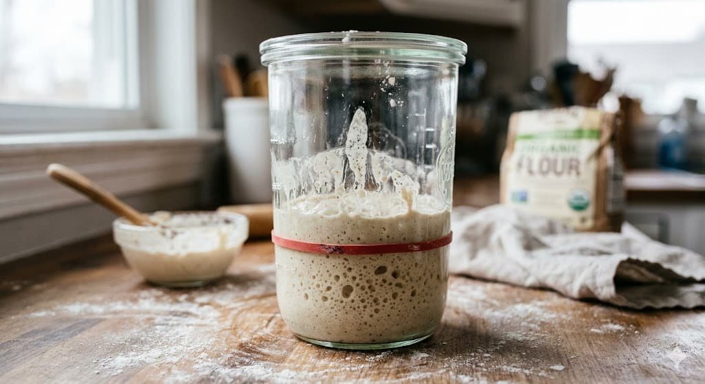 glass jar with sourdough starter showing rise marks above a rubber band, indicating the starter doubled and fell after feeding