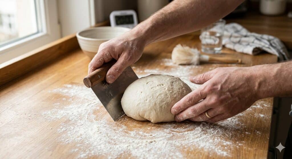 Pre-shape first: gently fold the dough into a rough round, flip it seam-side down, and use a bench scraper to drag it toward you in a circular motion