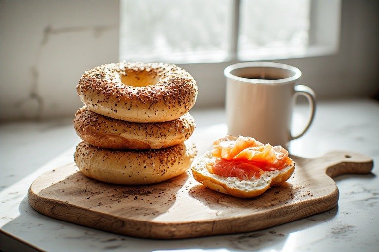 Overhead view of sourdough everything bagels on a wooden board with cream cheese, topped with sesame seeds and poppy seeds