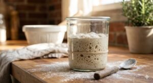 A glass jar of bubbly sourdough starter on a wooden kitchen counter