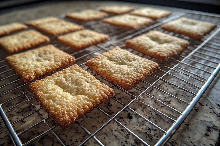 sourdough crackers cooling on wire rack
