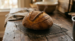 Close-up of a sourdough boule on a wire cooling rack showing slight wrinkling on the crust, steam rising subtly, warm kitchen light, rustic wooden countertop, shallow depth of field, hyper-realistic food photography.