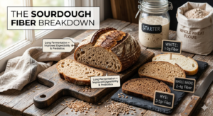 Does sourdough bread have fiber? Yes — 1–2g per slice for white, 3–5g for whole wheat or rye, and up to 7g for seeded multigrain. Full breakdown here.