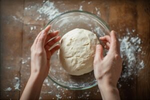 Overhead shot of hands gently stretching sourdough dough upward in a glass bowl