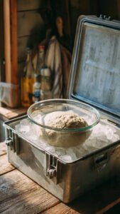 A glass bowl of sourdough dough sitting inside an open cooler with an ice pack beside it, lid propped open, rustic kitchen background, natural light — showing a creative hot-weather fermentation hack